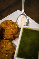 Closeup of Sabudana Vada with Tapioca Pearls and Mint Chutney as a Navratri Snack