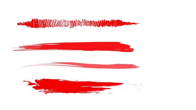 Grunge brush stroke set, animated design elements of highlighting, red isolated on white background, animation with alpha channel.