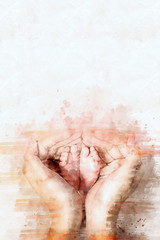 digital watercolor painting of mother hand holding baby feet