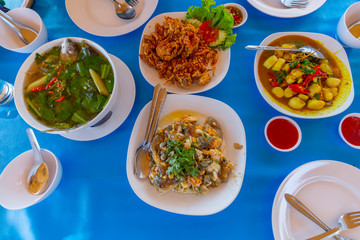 Tropical seaside dining table in Prachuapkhirikhan province  thailand