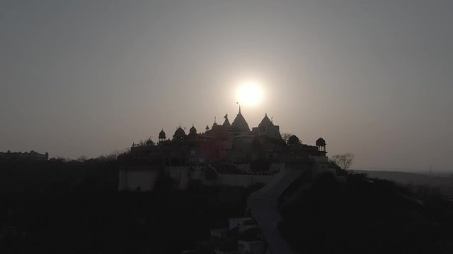 Barsana temple sunset, India 4k aerial drone, ungraded/flat raw footage