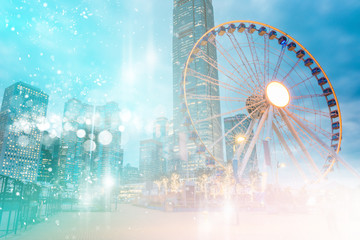 Abstract colorful circular bokeh with city background. Double exposure