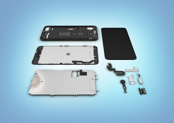 Flat Lay of smartphone components on blue gradient background 3d ilustration