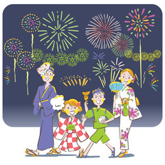 夏の夜　花火を楽しむ親子　家族