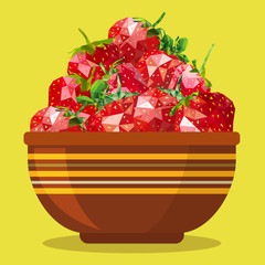 Strawberries in a clay bowl isolated on color background. Vector illustration in flat and Low Poly style. Berries in deep dish plate.