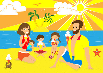 Happy family eating ice cream on summer beach