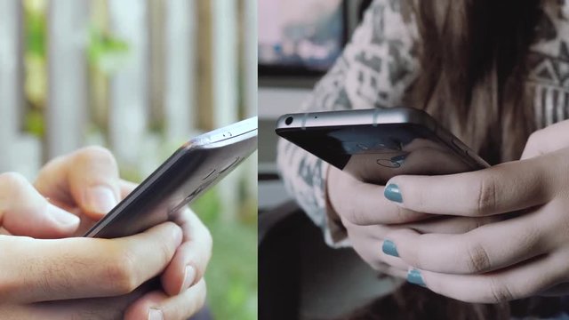 A boy and a girl texting communicating together on a smartphone. Split screen.