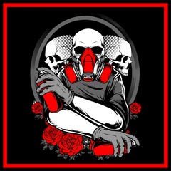 3 skull holding spray paint hand drawing vector