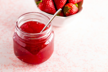 Fresh Homemade Strawberry Jam in Glass Canning Jar