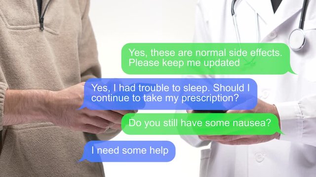 Doctor using a smartphone to text a patient. Messaging bubbles appearing one by one imitating a real texting conversation.
