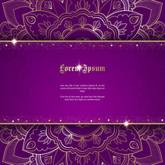 Greeting card or invitation template with golden ornament and confetti. Design for any purposes: wedding, birthday, anniversary or christmas