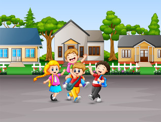 Obraz na płótnie Canvas Cartoon of children going to school