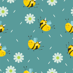 Seamless pattern with turquoise bees with flowers and petals. Vector background