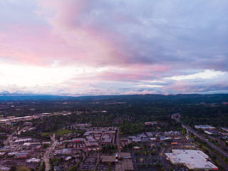 city ​​at sunset after rain, a top view from a quadrocopter
