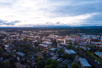 city ​​at sunset after rain, a top view from a quadrocopter