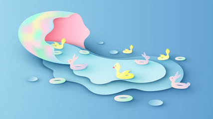 Abstract of colorful Easter egg shell with rabbit and chicken shape swim ring flow out from the egg. Creative design for Easter festival. paper cut and craft style. vector, illustration.