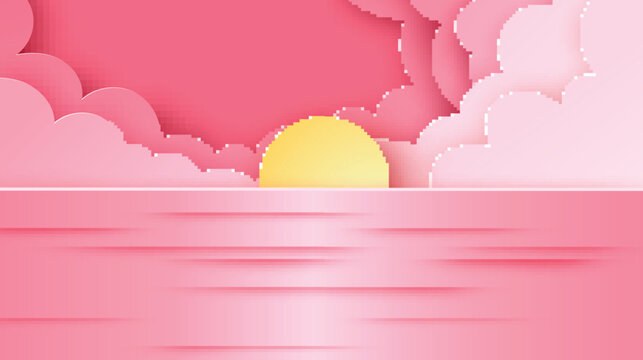 Illustration of sea view and sunset in the evening. Beautiful sunset on seascape. Sea view in summer. paper cut and craft style. vector, illustration.