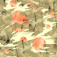 Seamless pattern orange, black background. abstract handmade watercolor art. Art Black,orange  watercolor ink paint blob. Abstract stain, splash of paint, movement. Bamboo watercolor stems and leaves.