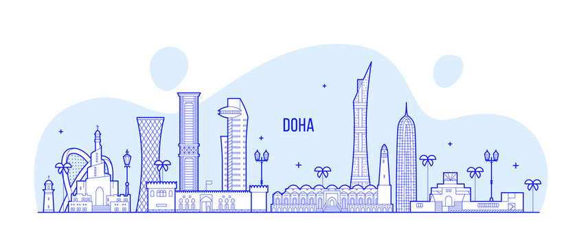 Doha Skyline Qatar City Buildings Vector Linear