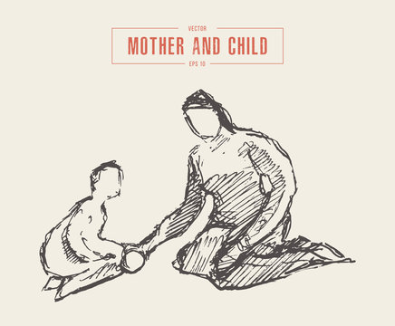 Mother playing child, hand drawn vector sketch