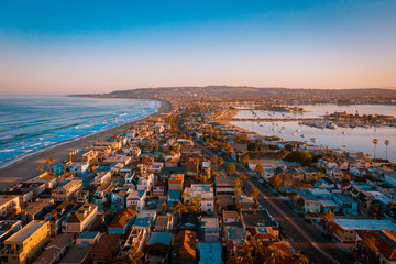 Aerial drone photo of Pacific Beach and Mission Beach in San Diego, California, USA