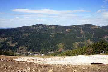 Beautiful panoramic view from the tourist attraction observation deck Stezka v oblacich or Sky Walk In the Czech village of Dolni Morava. Interesting places for tourism. View on czech mountain ranges.