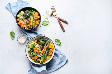 Vegetarian buddha bowls. Top view, flat lay with copy space