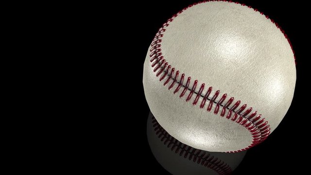 3D animation, white baseball ball in motion on mirror surface.