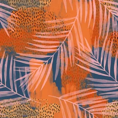 Foto op Plexiglas Water kleur palmbladeren op ruwe grunge texturen, doodles, krabbels achtergrond © Tanya Syrytsyna