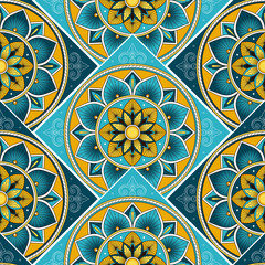Mexican tile pattern vector seamless with parquet ornament. Portugal azulejos, mexican talavera, venetian, italian sicily majolica or spanish ceramic. Background for kitchen wall or bathroom floor.