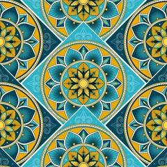 Gordijnen Mexican tile pattern vector seamless with parquet ornament. Portugal azulejos, mexican talavera, venetian, italian sicily majolica or spanish ceramic. Background for kitchen wall or bathroom floor. © irinelle