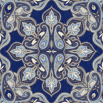 Indian paisley pattern vector seamless. Floral mandala medallion motif print. Vintage flower ethnic ornament. Damask design for woman scarf, curtain textile, wallpaper, carpet, blanket.
