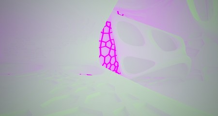 Abstract  white Futuristic Sci-Fi interior With Pink And Green Glowing Neon Tubes . 3D illustration and rendering.