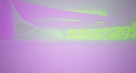 Abstract  white Futuristic Sci-Fi interior With Pink And Green Glowing Neon Tubes . 3D illustration and rendering.