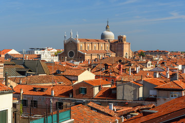 Top view of red roofs from terrace of Fondaco dei Tedeschi. Venice. Italy