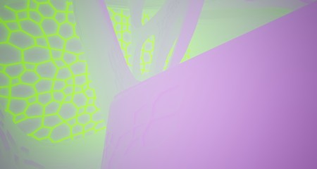 Abstract  white Futuristic Sci-Fi interior With Pink And Green Glowing Neon Tubes . 3D illustration and rendering.