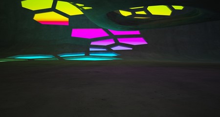 Abstract  Concrete Futuristic Sci-Fi interior With Gradient Glowing Neon Tubes . 3D illustration and rendering.