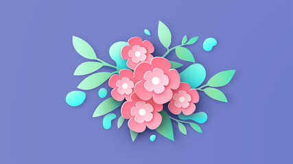 Illustration of paper art flowers and water droplets placed on background. Graphic design for spring season. paper cut and craft style. vector, illustration.