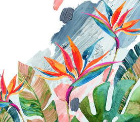 Fleur d& 39 oiseau de paradis aquarelle tropicale et feuilles tropicales sur fond de coups de pinceau rugueux