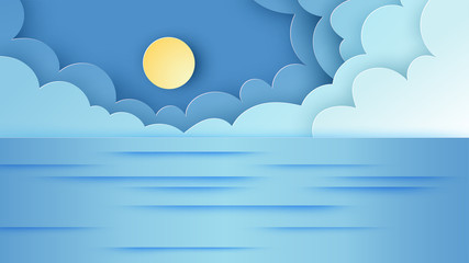 Fototapeta na wymiar Illustration of blue sea and sky. Summer sea scenery. paper cut and craft style. vector, illustration.