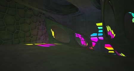 Abstract  Concrete Futuristic Sci-Fi interior With Gradient Glowing Neon Tubes . 3D illustration and rendering.