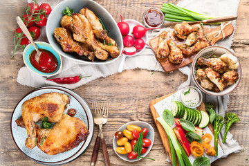 Grilled chicken legs and wings