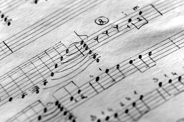 Fototapeta premium Page of an old musical notebook with hand written notes close up. Black and white