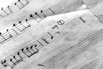 Page of an old musical notebook with hand written notes close up. Black and white