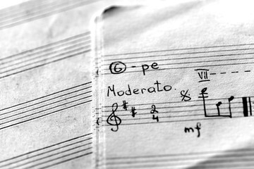 Page of an old musical notebook with hand written notes close up. Black and white
