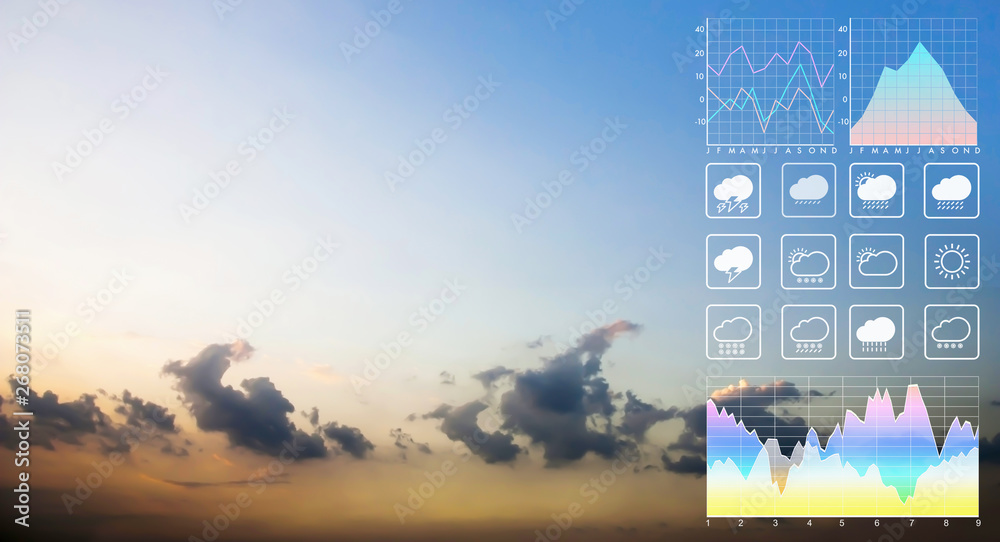 Wall mural weather forecast symbol data presentation with graph and chart background on deamatic panorama view 