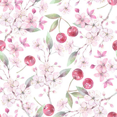 Obraz na płótnie Canvas Hand painted watercolor illustration. Seamless botanical pattern with cherry elements. 