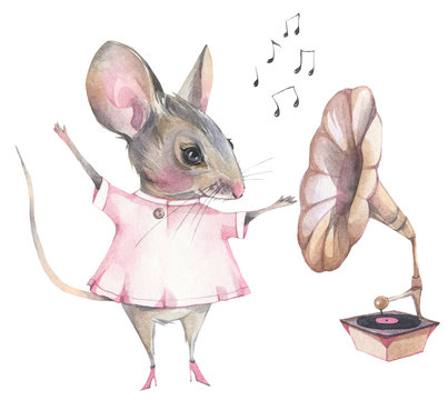 Hand painted watercolor illustration. Funny cartoon mouse and old gramophone.