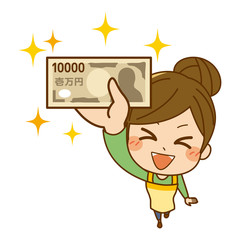 お札を掲げる主婦