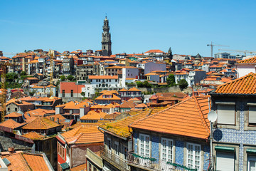 Fototapeta na wymiar View of the roofs of residential buildings in the old city center of Porto, Portugal.